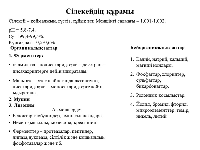 Сілекейдің құрамы Сілекей – қоймалжың, түссіз, сұйық зат. Меншікті салмағы – 1,001-1,002.  рН